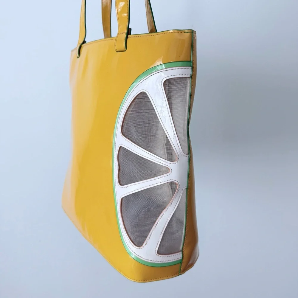 🍋 Donna Dixon Y2K Citrus Slice Patent Tote Bag  Bright Yellow Purse - Picture 7 of 14